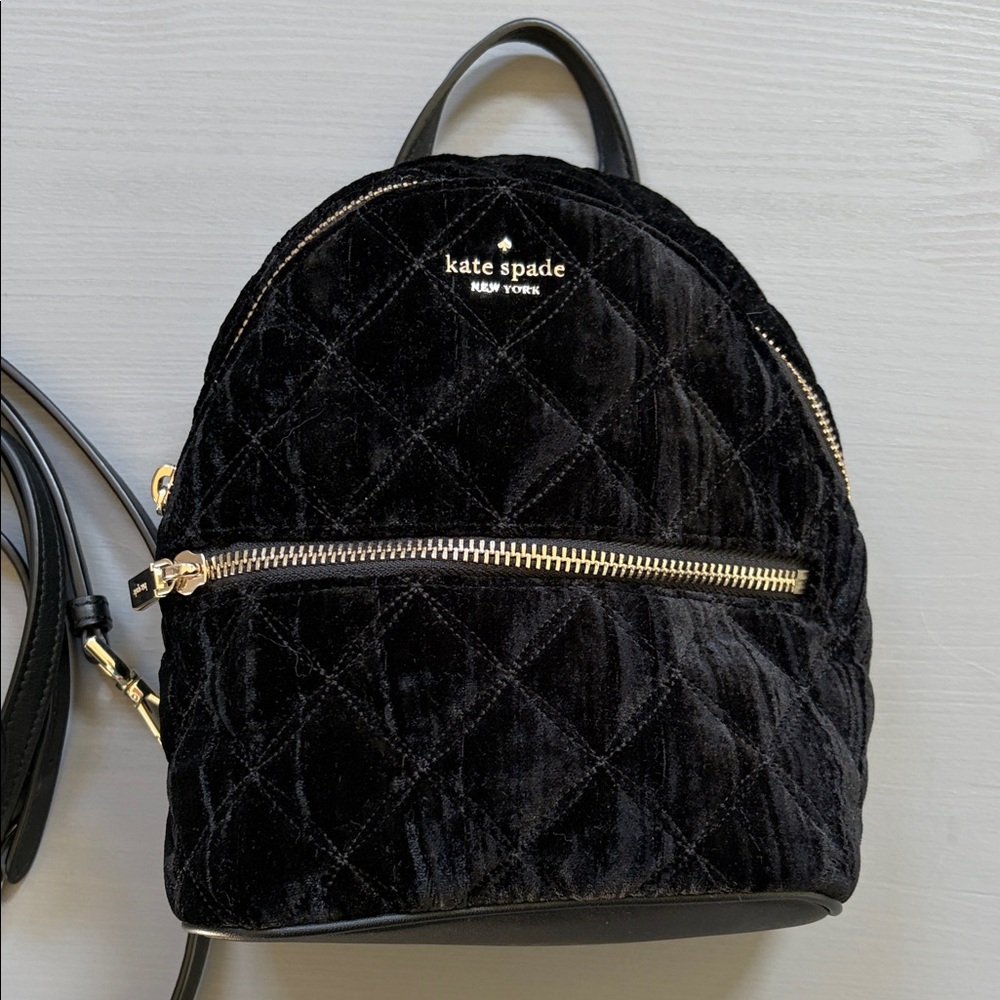 Kate Spade ♠️ Black Quilted Velvet Mini Backpack with Gold Hardware Accent